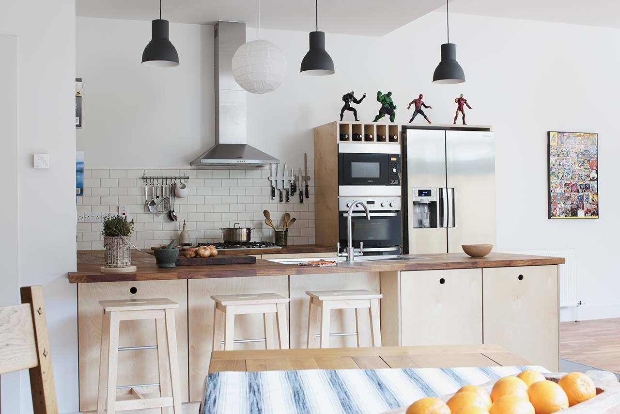 Interior photography of an open plan kitchen feature.