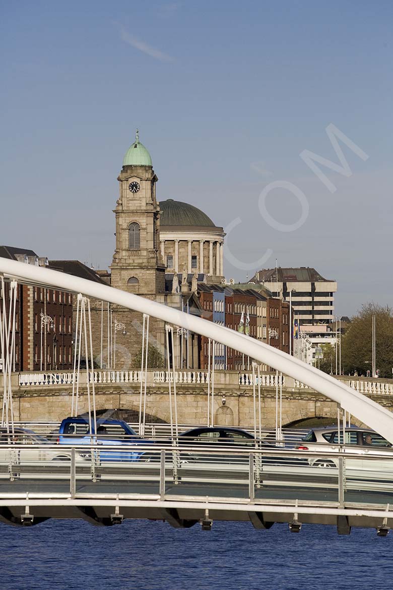 Dublin Ireland the quays river liffey bridges the James Joyce bridge St. Paul's Church four courts street lighting period central bank Mellows Bridge