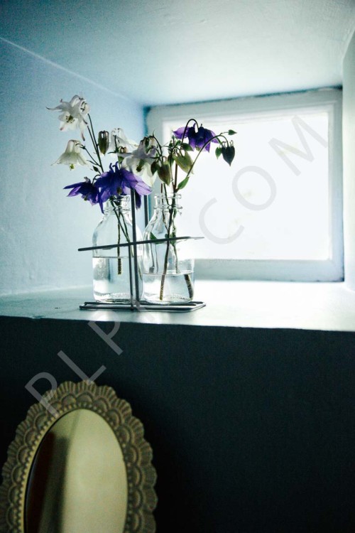 Bathroom detail of glass bottle with flowers in the window sill round mirror