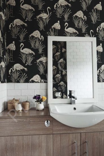 Bathroom wallpaper sink mirror storage
