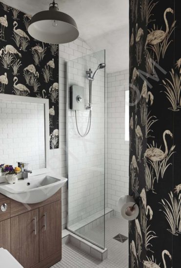 Bathroom wallpaper sink mirror lighting shower storage wall tiling