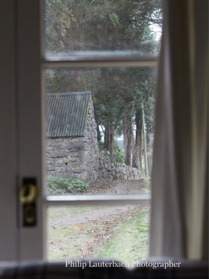 Exterior views of lane way from living room patio glass door